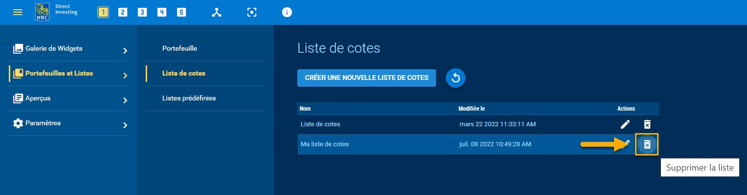 Suppression d’une liste de cotes à partir du menu principal du Tableau de bord des opérations